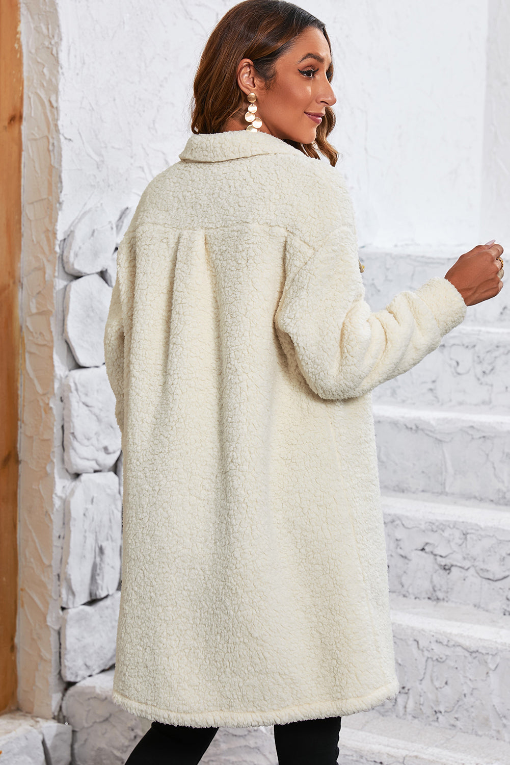 Beige Teddy Coat with Contrast Flap Pockets