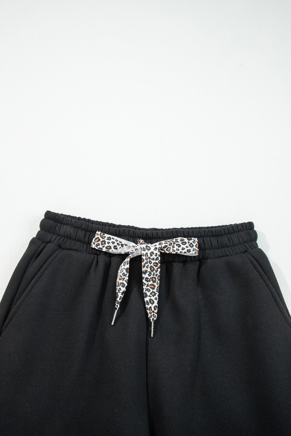 Black Fleece-Lined Leopard Print Jogger Pants | Elastic Waist & Drawstring