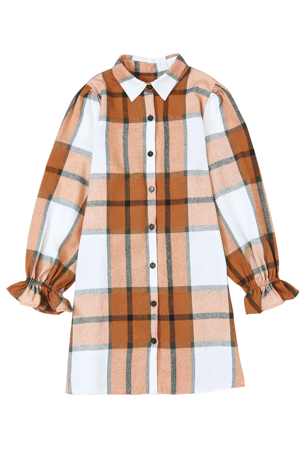 Khaki Plaid Ruffle Sleeve Shirt Dress