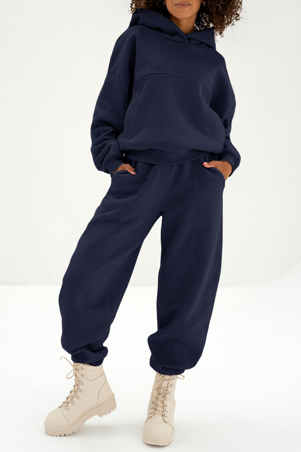 Navy Blue Exposed Seams Hoodie and Jogger Set