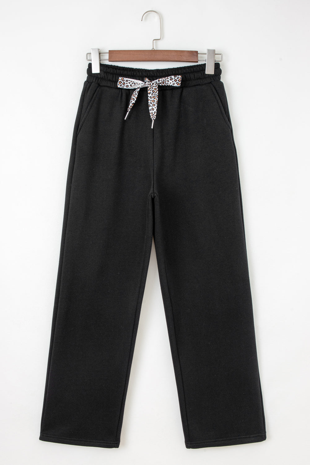 Black Fleece-Lined Leopard Print Jogger Pants | Elastic Waist & Drawstring